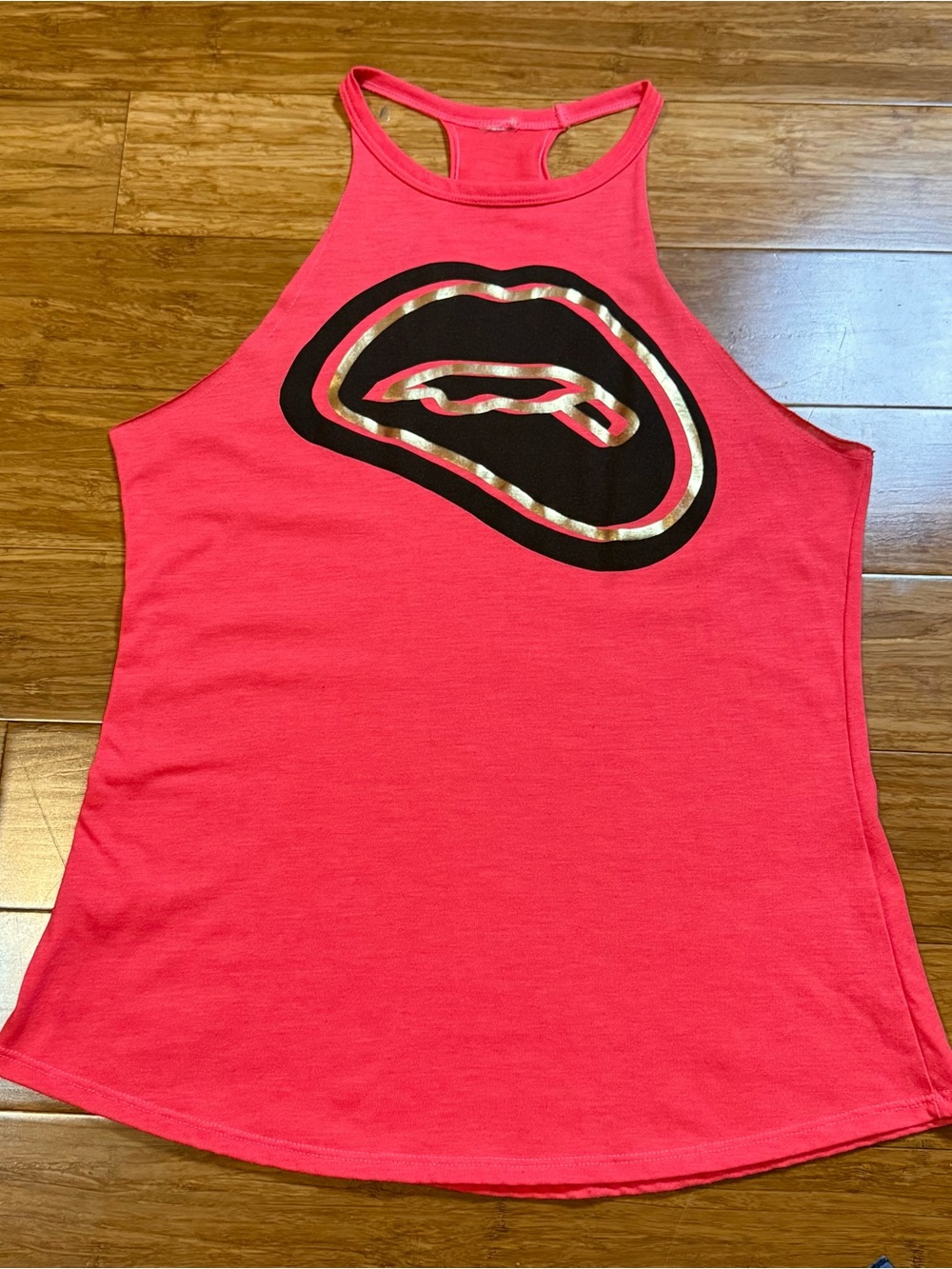 Zumba Fitness Women's Coral Racerback Lips Gold and Black Graphic Tank Top Small